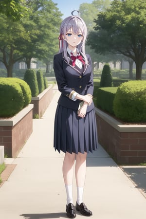 (best quality), (highly detailed), masterpiece, official art, Alya, now transformed into an elegant honor student at a prestigious girls' academy. Her long grey hair is perfectly styled with an ahoge still present but neatly maintained, and a hair ribbon tied neatly in a bow. Her blue eyes now appear calm and focused, with a warm, refined expression. She’s wearing an elegant school uniform: a tailored blazer, crisp white shirt, a pleated skirt, and polished shoes, standing with perfect posture, hands gracefully clasped in front of her. The background is a bright, sophisticated campus with well-maintained gardens and classical architecture, reflecting the high status of the academy.

(elegant school uniform, refined expression, polished appearance, prestigious school setting, sophisticated atmosphere)