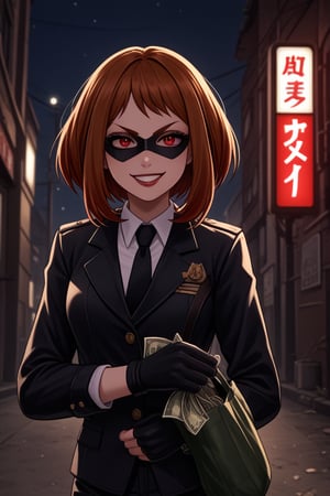 score_9, score_8_up, score_7_up, intricate details,1girl, malicious expression, sadistic grin, villainous attitude,lips, black lips, grin, red eyes, smirk, evil smile,1girl, Ochako Uraraka, black hair with red tips, bank heist, villain outfit, black leather suit, holding bag of money, holding handgun, gun, handgun, bank robbery, levitating money bags, vault door open, thief outfit, loose black jacket, cargo pants, wearing a domino mask, carrying a large money bag, exiting a bank vault, broken safe in the background, dark gloves, quick getaway, alarm lights flashing, dimly lit scene, red emergency lighting, cautious posture, money spilling from bag, night-time heist, dark alley, tense atmosphere,(ncursioDipDyedHair,red IncursioDipDyedHair