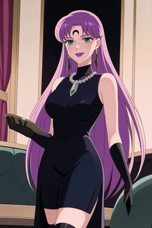 (best quality), (highly detailed), masterpiece, (official art),Saori Kido, long purple hair. blue eyes, bangs, lips, smile, lipstick, makeup,evil smile:1.2, holding tray, tray, alcohol, 
((Forehead mark, crescent facial mark, black crystal earrings, jewelry)).  Dark  dress, black latex, black sleeveless dress, turtleneck_dress, short dress, elbow gloves, green gloves, thighhighs, large necklace, ((gemstone necklace:1.2)), standing,
Modern luxury lounge with dim lighting, featuring sleek black leather sofas, glass tables, and soft ambient lighting from wall sconces. A large window in the background reveals a city skyline at night, adding a touch of sophistication to the scene