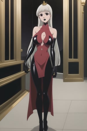 (best quality), (highly detailed), masterpiece, (official art), (Elizabeth, black hair, blunt bangs, long hair):1.2, facial mark, black lips:1.4, makeup:1.2, black eyes:1.2, black latex ceremonial dress adorned with dark jewels, latex elbow-length gloves, obsidian crown with sharp spikes, standing on a balcony overlooking her demon kingdom, moonlight reflecting off her latex attire, her gaze distant yet calculating, solo female, large breasts, full-body shot, looking at viewer, perfect face, realistic body, high-definition quality, elegant and ominous, dark queen of demons, b1mb0,