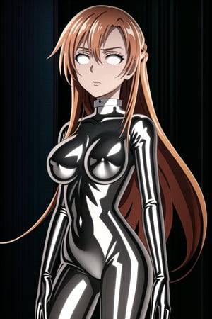 (best quality), (highly detailed), masterpiece, (official art), makeup, 1girl, solo,(asuna yuuki, orange hair, red hair, long hair), closed mouth,(graybot:1.2), black bodysuit, (shiny body:1.2), (shiny clothes),latex bodysuit, large breast, looking at viewer,  ,graybot,(whiteeyes),((black background, simple background)),StandingAtAttention,,,,<lora:659111690174031528:1.0>