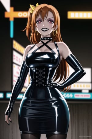 ((best quality)),  ((highly detailed)),  masterpiece,(Black lips:1.4), (white skin:1.4), ((official art)),  detailed face,  beautiful face, (cross-laced clothes:1.3), narrow_waist:1.3, dominatrix:1.4 , (intricate Black dress:1.4), (detailed eyes,  deep eyes),(science fiction, cyberpunk:1.3, street, shopping, pose:1.3, dancing:1.3, middle finger:1.3, \m/:1.2),((smirk, grin, naughty face, seductive smile, smug)) ,cowboy shot,(lips), kousaka honoka, yellow hair bow, one side up, orange hair,  medium hair, (red eyes:1.3),   (spiked bracelet), corset:1.4, (black hoop earring:1.3), curvaceous, voluptuous body, (makeup:1.5) (lips:1.3), (latex:1.3),  (black tube top:1.2), gloves,(elbow gloves:1.2), skirt, black choker, pencil skirt, pantyhose, miniskirt, (black skirt), black gloves, black legwear, black nails,large breasts:1.2, (intricately detailed, hyperdetailed), blurry background, depth of field, best quality, masterpiece, intricate details, tonemapping, sharp focus, hyper detailed, trending on Artstation, 1 girl, solo, high res, official art,RockOfSuccubus,kousaka honoka,honoka kousaka,,<lora:659111690174031528:1.0>