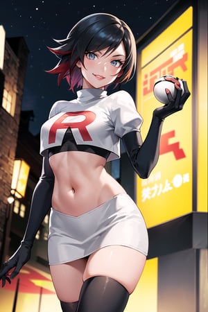 (best quality), (highly detailed), masterpiece, (official art), (ruby rose), posing, lips, ( evil smile), poke ball, poke ball (basic), holding poke ball,Team Rocket, cropped jacket, white jacket, crop top, jacket, gloves, black gloves, elbow gloves, navel, midriff, white skirt, miniskirt, skirt, thighhighs,, looking at viewer, china, asiática, city, night, sky, (intricately detailed, hyperdetailed), blurry background,depth of field, best quality, masterpiece, intricate details, tonemapping, sharp focus, hyper detailed, trending on Artstation,1 girl, high res, official art