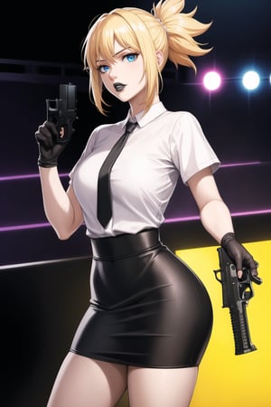 (best quality), (highly detailed), masterpiece, (official art),  kohaku, blonde hair, blue eyes, hair ornament, ponytail, solo,  lips:1.2, black lips:1.4, lipstick:1.2, skirt, black neckktie, latex:1.2, gloves, pencil_skirt, shirt, black gloves, standing, looking at viewer, white shirt, breasts, black skirt, looking at viewer, (/nightclub scene, neon lights), , club, (nigth club), ,hd quality, perfect face ,realistic, realistic body , perfect face sync,night club,StandingAtAttention,marinette,night club,b1mb0, gun, weapon, holding gun, handgun, holding, pistol, gun, handgun, pistol, holding weapon,  trigger discipline,