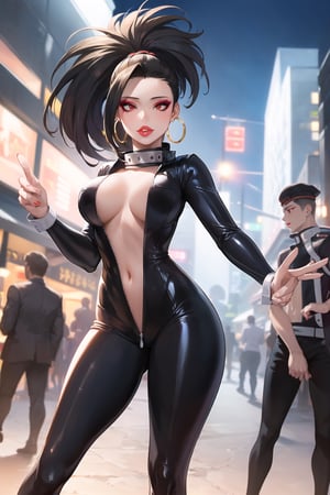 yaoyorozu momo, 1girl, ((red eyes)), black hair, ponytail, long hair, hair pulled back, ,lips, boku no hero academia,  (((hoop earrings,makeup,black bodysuit, unzipped,,latex))),  skin tight, outdoors, city, night, edge lighting,