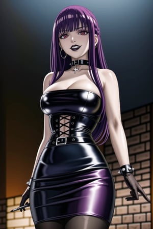 ((best quality)),  ((highly detailed)),  masterpiece,(Black lips:1.4), (white skin:1.4), ((official art)),  detailed face,  beautiful face, (cross-laced clothes:1.3), narrow_waist:1.3, dominatrix:1.4 , (intricate Black dress:1.4), (detailed eyes,  deep eyes),(science fiction, cyberpunk:1.3, street, shopping, dark background),((smirk, grin, naughty face, seductive smile, smug)) ,cowboy shot,(lips), (fern, bangs, ((purple hair)), (sidelocks), long hair, blunt bangs), (bright pupils:1.2), (red eyes:1.3),   (spiked bracelet), corset:1.4,chinese dress:1.2, (intricate black earring:1.3), curvaceous, voluptuous body, (makeup:1.5) (lips:1.3), (latex),  (black tube top:1.2), gloves, fingerless gloves, skirt, black choker, belt, pencil skirt, pantyhose, miniskirt, (black skirt), black gloves, black legwear, black choker, Black nails,large breasts:1.2, conspicuous elegance, snobby, upper class elitist, possesses an arroaant charm. her Dresence commands attention and enw, (intricately detailed, hyperdetailed), blurry background, depth of field, best quality, masterpiece, intricate details, tonemapping, sharp focus, hyper detailed, trending on Artstation, 1 girl, solo, high res, official art,RockOfSuccubus,<lora:659111690174031528:1.0>