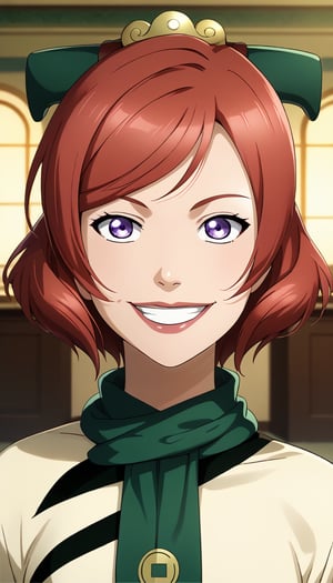 score_9, score_8_up, score_7_up, intricate details,1girl, lovelive_maki, nishikino maki, red hair, short hair, indoors,joo dee, dress, scarf, hair ornament, grin, smile, lips, cowboy shot, smirk, arms at sides