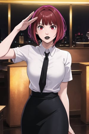 (best quality), (highly detailed), masterpiece, (official art), aakana, short hair,  red eyes, , solo,  lips:1.2, black lips:1.4, lipstick:1.2, skirt, black neckktie, latex:1.2, pencil_skirt, shirt, standing, looking at viewer, white shirt, breasts, black skirt, looking at viewer, (/nightclub scene, neon lights), , club, (nigth club), ,hd quality, perfect face ,realistic, realistic body , perfect face sync,night club,StandingAtAttention,marinette,night club,b1mb0, salute