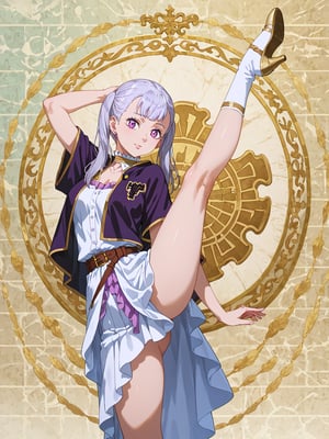 masterpiece, best quality, ultra-detailed, perfect hands, perfect anatomy, High detailed, detailed background, full body, No public hair, extremely pretty face, beautiful face, ultra-detaild face, cute and round face, Shiny silver hair, casual, ultra-detailed eyes, round eyes,twintail hair, purple eyes,

[BREAK]
1 girl ,Noelle silva, standing split,

(Exact finger count, beautiful and delicate and ultra-detailed finger, 1 of the 5 fingers is a thumb ,hand is beautiful and  natural shape), 
beautiful face, ultra-detailed eyes, detailed hands, score_9, score_8_up,score_7_up, detailed fingers,