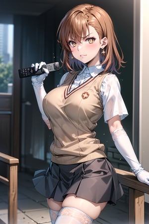 ((best quality)),  ((highly detailed)),  masterpiece,1girl, ((remote_control, aiming_at_viewer, closed_mouth, sparkling_eyes, smug, shaded_face)),(large breasts), tokiwadai school uniform, sweater vest, short sleeves, (](white gloves, elbow gloves)), pleated skirt, white thighhighs ,1girl, lips:1.2, makeup:1.2, ((gyaru)) ,jewelry, blush, earrings, looking at viewer, standing, cowboy shot, red hair, school, short hair, aamikoto ,hmmisaki,hypnoCollar,V-shaped eyebrows, 1girl