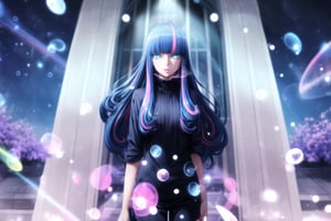 GFX, 1girl, solo, standing, artist name, signature, blurry, no humans, glowing, scenery, light particles, bubble, dark, purple theme,eida,long hair,blue hair,pink hair,multicolored hair,blue eyes,lips,two-tone hair,bangs,blunt bangs, long hair