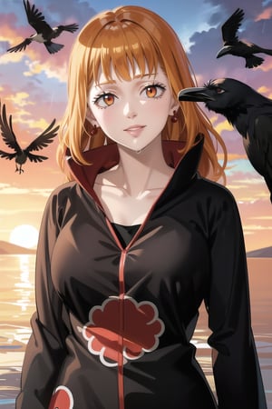 anime, hdr, soft light, ((best quality)), ((masterpiece)), (detailed), mimosa vermillion, wavy hair:1.2, Sharingan,red eyes, red earrings, red hair, orange hair, lips, makeup, head tilt, evil smile:1.2, (lips), (akatsuki outfit:1.2),high neck, high_collar, ((black dress)), collarbone, long sleeves, looking at viewer, upper body, dutch angle, village, (((crows))),sunset, rain, water drop, nature, ,akatsuki outfit, bird, crow, eagle, black feathers, bird on shoulder, sunset, orange sky, outdoors, upper body,fantasy00d,