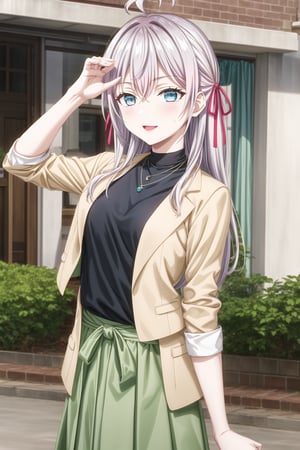  (best quality), (highly detailed), masterpiece, (official art), 1girl, solo, alya, long hair, grey hair, blue eyes, hair between eyes, hair ribbon, red ribbon, ahoge , smile, pose, jewelry, long sleeves, open clothes, necklace, bag, green skirt, brown jacket, handbag, sweatdrop, white sweater, open jacket, turtleneck, pendant, brown jacket, shopping