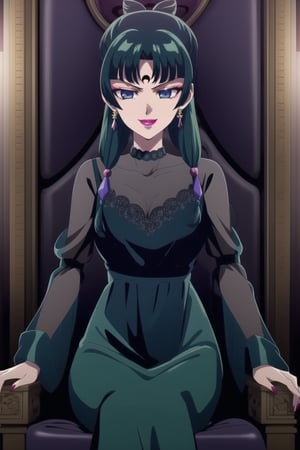 (best quality), (highly detailed), masterpiece, (official art), maomao,1girl,blunt bangs,green hair,blue eyes,sidelocks,twin braids,hair over shoulder,hair beads,half updo,single hair bun,hair ribbon,freckles, forehead mark, crescent facial mark, black crystal earrings, aged up, evil smile, lips, lipstick, posing, anime coloring, black dress, long sleeves, see-through, choker, skirt, black hair, jewelry, medium breasts, earrings, black eyes, makeup, lipstick, forehead mark, purple lips, pearl (gemstone), tomoe hotaru,,  sitting, throne,