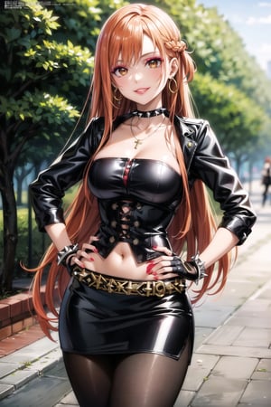 (best quality), (highly detailed), masterpiece, (official art), , aaasuna ,brown eyes, long hair, orange hair, (multicolores hair:1.2, red hair:1.2), smirk, grin, smile, cross-laced clothes,  (spiked bracelet),  necklace, corset,  bustier, park,  hoop earring, curvaceous,  voluptuous body, hand on hip ,navel, (makeup:1.3) (lips:1.3),  (seductive pose:1.2), (latex), (black top),  (black tube top:1.2), gloves,  fingerless gloves, jacket,  skirt,  black choker,  black leather jacket,  (dark jacket), belt,  pencil skirt,  pantyhose,  open jacket,  miniskirt,  (black skirt),  black gloves,  black legwear,  black choker,  medium breast,  standing, , (park), (tree), standing (intricately detailed,  hyperdetailed),  blurry background, depth of field,  best quality,  masterpiece,  intricate details,  tonemapping,  sharp focus, hyper detailed, trending on Artstation,1 girl, solo,high res,official art, ,edgCJ