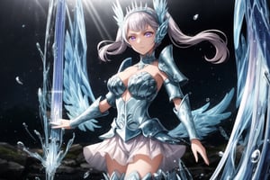 GFX wallpaper featuring Noelle Silva as a Valkyrie, with twintailed silver hair and shimmering water armor that appears both solid and liquid. The scene is illuminated by a radiant sword in her hand, casting light across the battlefield. Her wings, crafted from water, sparkle as if catching the light of a distant sun, and her purple eyes glow intensely. Water splashes around her armor, and energy beams shoot through the background. Her armored dress is detailed with intricate runes and silver accents, all glimmering as if imbued with magic. The background shows crashing waves, with water particles frozen mid-air, glowing in vibrant blue, violet, and white hues.