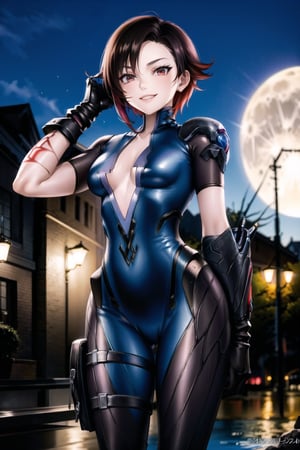 ((best quality)), ((highly detailed)), masterpiece, ((official art)), (,ruby rose:1.2), (red eyes), cyberpunk ,(evil smile:), (widowsuit:1.2),medium breasts, tattoo, (arm tattoo:1.2) , pose, best quality, masterpiece, intricate details, scenary, city, outdoors, rain, water drop, night, sky, moon, trending on Artstation, thigh gap, black gloves