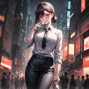 ((best quality)),  ((highly detailed)),  masterpiece,  ((official art)), 
1girl, solo, cute, brown eyes, black hair, swept bangs, single sidelock, red hairclip, lips, ((knife, holding knife)), pose:1.2, smile,sweating, crying, blushing, ,white collared shirt, black necktie, black pants, formal,cowboy shot,  (cyberpunk:1.2),  girl,  outdoors, dramatic reveal,  suspenseful,  urban environment,  mysterious ambiance,  dramatic lighting,  cinematic scene,  self-transformation,  supernatural,  otherworldly,  metamorphosis,  mystical,  mystical energy,  power awakening.,  intricately detailed,  hyperdetailed,  blurry background, depth of field,  best quality,  masterpiece,  intricate details,  tonemapping,  sharp focus,  hyper detailed,  trending on Artstation, 1 girl,  high res,  official art,kobeni higashiyama,Kobeni 