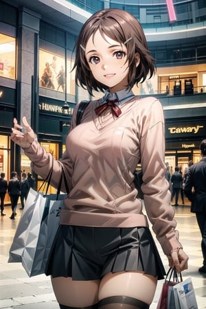 ((best quality)),  ((highly detailed)),  masterpiece,  ((official art)),  detailed face,  beautiful face,  (detailed eyes,  deep eyes),(, shopping_mall,, retail_therapy),  cowboy shot, extravagant shopping spree,  (shopping:1.2),high society,(smile, happy),rika, brown hair, hair clip, brown eyes, freckles,Black skirt,school uniform,((pink sweater:1.2)), zettai ryouiki, neck ribbon pleated skirt, black thighhighs,(at sides, looking at sides), curvaceous,  voluptuous body,  medium breast,  (intricately detailed, hyperdetailed), blurry background, depth of field, best quality, masterpiece, intricate details, tonemapping, sharp focus, hyper detailed, trending on Artstation, 1 girl, solo, high res, official art