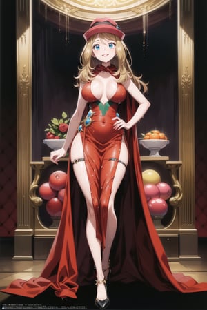 ((best quality)),  ((highly detailed)),  masterpiece,  ((official art)),  ((serena)), 1girl, solo, orange hair, blue eyes, blonde hair, long hair, hat, ((red headwear)),  long elegant classy black ballgown, silk ballgown, long ballgown, ankle length dress, deep v neck, golden high heels, massive chest, red scarf, goddess, light brown skin, stunning hourglass figure, long red silky hair, absurdres, masterpiece, perfect quality, perfect proportions, brilliant lighting, grand ballgown party background, sharp focus, skin imperfections, smile, dimples, big bright eyes, big full lips, wet body, bioluminescent, wet bone structure, thigh strap