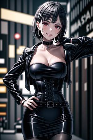 ((best quality)),  ((highly detailed)),  masterpiece,  ((official art)),  detailed face,  beautiful face,  (detailed eyes,  deep eyes),((extended_arm, presenting_gift, shopping_bag, gift_giving, front_view, gesture)),(science fiction, cyberpunk:1.2, street, shopping, dark background),((smirk, grin, naughty face, seductive smile, smug, arm behind head, hand_on_own_hip, head_tilt)),, ,cowboy shot,(lips), ,kirigaya suguha, blunt bangs, short bangs, black hair:1.3, short hair, hair ornament, hairclip,(red eyes),  cross-laced clothes, (spiked bracelet), necklace, corset, hoop earring, curvaceous, voluptuous body, (makeup:1.3) (lips:1.3), (latex), (black top), (black strapless:1.2), gloves, fingerless gloves, jacket:1.3, skirt, black choker, black leather jacket, (dark jacket), belt, pencil skirt, pantyhose, open jacket, miniskirt, (black skirt), black gloves, black legwear, black choker, medium breast, conspicuous elegance, snobby, upper class elitist, possesses an arroaant charm. her Dresence commands attention and enw, (intricately detailed, hyperdetailed), blurry background, depth of field, best quality, masterpiece, intricate details, tonemapping, sharp focus, hyper detailed, trending on Artstation, 1 girl, solo, high res, official art,<lora:659111690174031528:1.0>