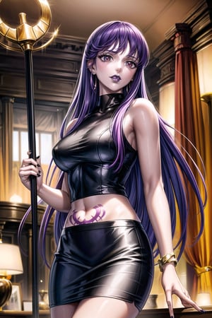 ((best quality)),  ((highly detailed)),  masterpiece,  ((official art)), (Saori, long hair, purple hair, red eyes:1.2, earrings, jewelry),RockOfSuccubus, (lips:1.2), (black lips:1.4), black nails, (( holding staff, staff, head_tilt)),  (pubic tattoo:1.3), navel, midriff, sleeveless, bare shoulders, figure, turtleneck, ((black shirt)), (black pencil skirt), (office), lady office, , building, bracelet, parted lips, indoors, intricately detailed, hyperdetailed, blurry background, depth of field, best quality, masterpiece, intricate details, tonemapping, sharp focus, hyper detailed, trending on Artstation, 1 girl, high res, official art