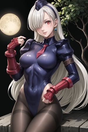 ((best quality)), ((highly detailed)), masterpiece, ((official art)), elizabeth, long hair, red eyes, white hair, hair over one eye, single earring, posing, lips, night, moon, ( evil smile), ((black leotard)),yellow necktie, pantyhose, shoulder pads, (shadaloo doll), (long_sleeves), 1girl, posing, forest, ,shadaloo doll