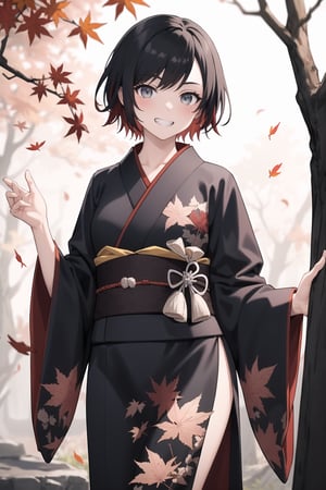 ((best quality)), ((highly detailed)), masterpiece, 1 girl, ruby rose, short hair, BREAK, grin, smirk, kimono, momiji, maple_leaves, japanese maple tree, minimalism, (cowboy shot:1.2), standing, , intricately detailed, hyperdetailed, blurry background, depth of field, best quality, masterpiece, intricate details, tonemapping, sharp focus, hyper detailed, trending on Artstation, 1 girl, high res, official art,