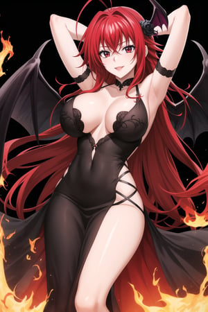 (best quality), (highly detailed), masterpiece, (official art), Rias Gremory as a malevole demon , lips evil smile, with long flowing red hair and a delicate ahoge, darkness black wings spread wide behind her. She is wearing a intricatr, elegant black gown that flows gracefully around her, softly billowing as she floats in the hell. Rias stands with her arms,as if welcoming you with a violento and demonic presence, her red eyes. Rays of dark light shine down from the heavens, illuminating her figure, while she hovers among soft, glowing fire. The hell with red rays breaking through, creating atmosphere. Her wings emit a darkness, ethereal light, adding to her demonic presence.