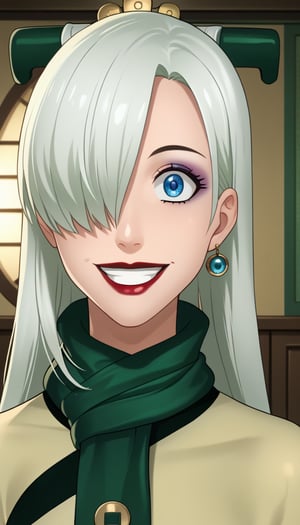 score_9, score_8_up, score_7_up, intricate details,1girl, elizabeth, long hair, white hair,hair over one eye, blue eyes, red lips, indoors,joo dee, dress, scarf, hair ornament, grin, smile, lips, joo dee,  full body,long dress, green scarf, beige dress, teeth,makeup,wide-eyes, eyeshadow,standing, 