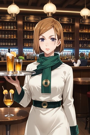 score_9, score_8_up, score_7_up, intricate details,1girl,  closed mouth, lips joo dee, dress, scarf, hair ornament, holding tray:1.2, tray, alcohol, dutch angle, bar, cowboy shot:1.2, bar, table, customers, kugisaki nobara, brown hair,