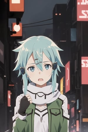 (best quality), (highly detailed), masterpiece, (official art), ((sinon1, cyberpunk, hair ornament, hairclip)), 1girl, upper body, bangs, blue eyes, blue hair, blurry, blurry background, fingerless gloves, green jacket, hair between eyes, hair ornament, hairclip, highres, jacket, long sleeves, outdoors, scarf, short hair, short hair with long locks, sidelocks, signature, sinon, solo, sunset, sword art online, turning head, ((open eyes, shocked expression,fear)), open mouth, 
