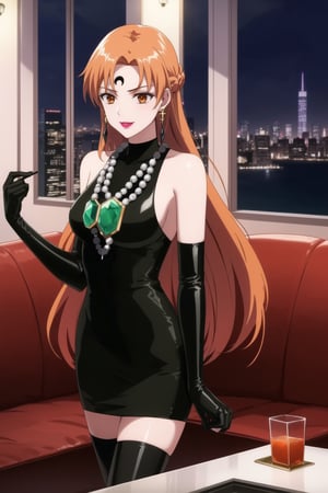 (best quality), (highly detailed), masterpiece, (official art), asuna yuuki, long hair, orange hair, red hair, brown eyes,, lips, smile, lipstick, makeup, evil smile,
((Forehead mark, crescent facial mark, black crystal earrings, jewelry)).  Dark  dress, black latex, black sleeveless dress, turtleneck_dress, short dress, elbow gloves, green gloves, thighhighs, large necklace, ((gemstone necklace:1.2)), standing,
Modern luxury lounge with dim lighting, featuring sleek black leather sofas, glass tables, and soft ambient lighting from wall sconces. A large window in the background reveals a city skyline at night, adding a touch of sophistication to the scene,