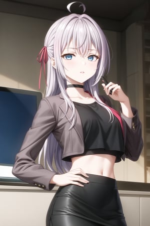 Close-up shot of Alya, grey hair cascading between piercing blue eyes, tied back with a vibrant red ribbon and ahoge framing her face. She stands confidently, one hand resting on her hip, wearing a stylish crop top, pencil skirt, and black jacket, complete with a choker. Her tablet PC hand holds steady as she's surrounded by modern tech: computer monitor and phone screens. Soft gradient background creates a sleek atmosphere. Alya's casual pose features parted lips, exuding intelligence and composure.