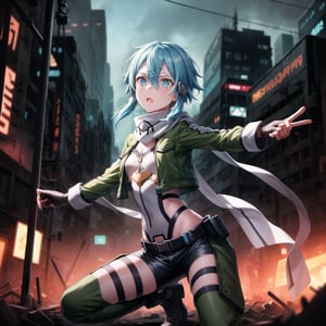 ((Best quality)), masterpiece, Sinon1, (surprised:1.5), lips, aiming at viewer, holding pistol, ((Sinon, cyberpunk, hair ornament, hairclip)), ((arms outstretched, pose)), 1girl, bangs, belt pouch, black gloves, black shorts, blue eyes, blue hair, fingerless gloves, green jacket, green legwear, gun, hair between eyes, hair ornament, hairclip, highres, jacket, long sleeves, outdoors, handgun, scarf, shadow, short hair, short hair with long locks, short shorts, shorts, sidelocks, Sinon, pistol, solo, sword art online, weapon, Anime illustration, post-apocalyptic cyberpunk setting, cowboy shot.

Sinon is on her knees, out of breath and agitated, with a surprised expression, lips slightly parted, as she senses something or someone behind her. She is holding her handgun, arms outstretched, aiming it at the viewer but glancing over her shoulder with wide eyes. The background features a ruined cityscape with neon signs, broken buildings, and flickering lights, enhancing the cyberpunk atmosphere. The scene is lit with a mix of neon glows and dark shadows, emphasizing the chaotic and dystopian environment, reinforcing the tension and her heightened sense of alertness.