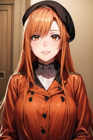 ((best quality)), ((highly detailed)), masterpiece, ((official art)), detailed face, beautiful face, (detailed eyes, deep eyes), seductive posing, (cowboy shot),asuna yuuki, long hair, brown eyes, orange hair, red hair,  smile, black coat black hat beret hands in pocket