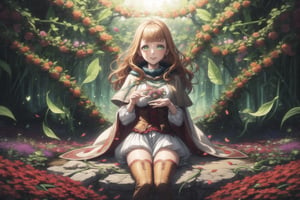 1girl, mimosa vermillion, orange hair, long wavy hair, green eyes, red earrings, lips, smile, beautiful face, turtleneck sweater, corset, capelet, red cape, thighhighs, thigh boots, sitting on a stone, surrounded by blooming flowers,  plants growing under her touch, large colorful leaves and vines forming a throne, midday sun, bright natural lighting, smiling softly, magic energy radiating from her hands,clear sky, plants growing under her touch, large colorful leaves and vines forming a throne, midday sun, bright natural lighting, smiling softly, magic energy radiating from her hands, petals floating in the air around her, butterflies gathering near her, peaceful nature atmosphere, GFX effects: vibrant floral aura, glowing petals, magic vines glowing softly, lens flare from the sun, energetic magical swirls, gentle wind stirring the flowers, bright and serene, powerful contrast between magic and nature
