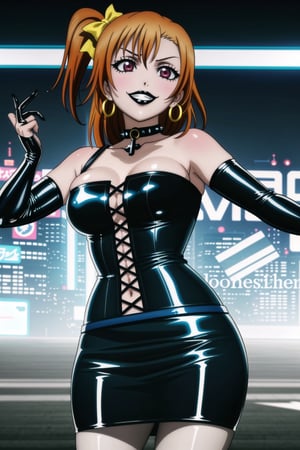 ((best quality)),  ((highly detailed)),  masterpiece,(Black lips:1.4), (white skin:1.4), ((official art)),  detailed face,  beautiful face, (cross-laced clothes:1.3), narrow_waist:1.3, dominatrix:1.4 , (intricate Black dress:1.4), (detailed eyes,  deep eyes),(science fiction, cyberpunk:1.3, street, shopping, pose:1.3, dancing:1.3),((smirk, grin, naughty face, seductive smile, smug)) ,cowboy shot,(lips), kousaka honoka, yellow hair bow, one side up, orange hair,  medium hair, (red eyes:1.3),   (spiked bracelet), corset:1.4, (black hoop earring:1.3), curvaceous, voluptuous body, (makeup:1.5) (lips:1.3), (latex:1.3),  (black tube top:1.2), gloves,elbow gloves, skirt, black choker, pencil skirt, pantyhose, miniskirt, (black skirt), black gloves, black legwear, black nails,large breasts:1.2, (intricately detailed, hyperdetailed), blurry background, depth of field, best quality, masterpiece, intricate details, tonemapping, sharp focus, hyper detailed, trending on Artstation, 1 girl, solo, high res, official art,RockOfSuccubus,kousaka honoka,honoka kousaka,,<lora:659111690174031528:1.0>