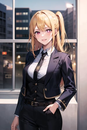 (best quality), (highly detailed), masterpiece, (official art),  hoshino_ruby, long hair, bow, one side up, lips, smile, top jacket:1.3,black pants, belt,,necktie,  black jacket,(black suit), long sleeves, shirt tucked in,looking at viewer, shirt, black necktie, white shirt, medium breasts,window, formal, office lady,pants, business suit, suit,  (intricately detailed, hyperdetailed), blurry background,depth of field, best quality, masterpiece, intricate details, tonemapping, sharp focus, hyper detailed, trending on Artstation,1 girl, solo,high res,official art,hoshino_ruby