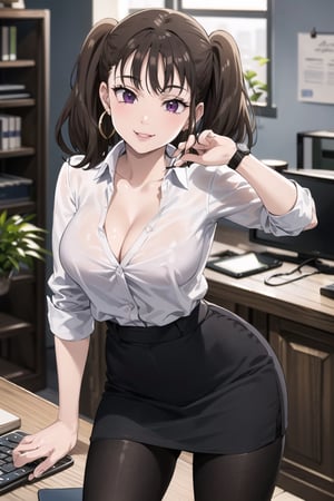 ((best quality)), ((highly detailed)), masterpiece, ((official art)), ( diane, twintails), (office:1.3), (window, indoors, plant), (seductive smile), (hoop earrings), (high-waist skirt:1.2), (black skirt), (collarbone, cleavage) , (lips:1.2), (narrow_waist:1.2) , wristwatch, skirt, solo, (cowboy shot:1.2), standing, pencil skirt, (leaning forward:1.3),(hands over desktop:1.3),(seductive pose:1.2) collared shirt, (office lady), (white shirt:1.2), (formal:1.1), shirt tucked in, (skirt suit), black pantyhose, dress shirt, intricately detailed, hyperdetailed, blurry background, depth of field, best quality, masterpiece, intricate details, tonemapping, sharp focus, hyper detailed, trending on Artstation, 1 girl, high res, official art