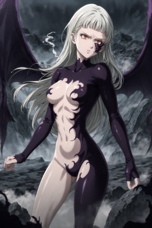 monochrome,greyscale,(tattoo,facial mark,aura,glowing,bodypaint,smoke,dark aura:1.2),1girl,long hair,medium breasts,black hair,angry,purple eyes,wings,claws,looking at viewer,nude,censored,armor,convenient censoring,Elizabeth, black hair, lips, ruler of hell, stands as a malevolent dictator, her long hair flowing like darkness itself, gradient from white to dark, framing her cold gaze.  reflects her dominance and cruelty. The background features a hellish landscape: rivers of lava, jagged rocks, tormented souls, and dark clouds with lightning. Eerie, red and black glows illuminate the scene, capturing the dark and oppressive atmosphere of her dominion.