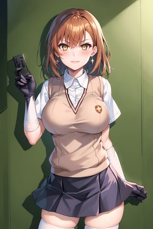 ((best quality)),  ((highly detailed)),  masterpiece,1girl, ((remote_control, aiming_at_viewer, closed_mouth, sparkling_eyes, smug, shaded_face)),(large breasts), tokiwadai school uniform, sweater vest, short sleeves, (](white gloves, elbow gloves)), pleated skirt, white thighhighs ,1girl, lips:1.2, makeup:1.2, ((gyaru)) ,jewelry, blush, earrings, looking at viewer, standing, cowboy shot, red hair, school, short hair, aamikoto ,hmmisaki,hypnoCollar,V-shaped eyebrows, 1girl