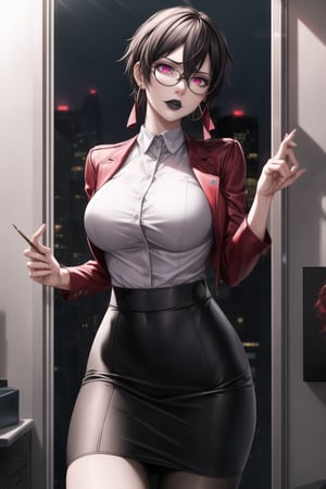 ((Best quality)), masterpiece, realistic illustration of a villainous shino asada, with black hair, hair between eyes, hair ribbon, short hair, sidelocks, and glasses. She has glowing pink eyes and red eyes, wearing a white shirt and a black leather pencil skirt, with hoop earrings and black lipstick. She stands in an office, with neon city lights casting dramatic shadows through the windows, creating an atmospheric lighting. 
The cityscape outside is detailed, with glowing signs and bustling streets. Her fierce and intense gaze, combined with the sleek design of her outfit, gives her a professional yet villainous twist. The scene is ultra-realistic, cinematic, with octane render and photo-realistic details, capturing the essence of hyper realism.