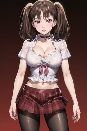 masterpiece,best quality,highres,ultra-detailed, diane, twintails, brown hair, purple eyes, white shirt, skirt, large breasts, navel, cleavage, pantyhose,  choker, midriff, miniskirt, lips, plaid, red plaid skirt, piercing, fishnets,  fishnet pantyhose, white tied shirt:1.2, navel piercing, , standing, StandingAtAttention,diane