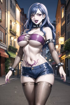 (masterpiece:), (best quality), highly detailed, beautiful detail, extremely delicate and beautiful, (juviarnd), blue hair,  (lips), open mouth, tongue out, evil eyes, evil smile,  spiked collar, midriff, spiked armlet, (tube top:1.2), (underboob), red top ,  latex clothes,  fishnet pantyhose, fishnet gloves, chains, denim short,   spiked bracelet, string, black top, RockOfSuccubus, large breasts, navel,(purple), cleavage, midriff, (tattoo:1.2), pubic tattoo,makeup, (colored skin:1.3),(black lips:1.3),(lipstick), (pale skin:1.5),  eyelashes, standing, facing viewer,  (street), scenery, nigth, sky, blurry background,depth of field