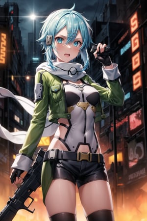 ((best quality)),  masterpiece, sinon1,(surprised:1.3), (scary:1.3), latex:1.3,
lips, aiming at viewer,holding pistol, ((sinon1, cyberpunk, hair ornament, hairclip)), (( pose)),1girl,  bangs, belt pouch, black gloves, black shorts, blue eyes, blue hair,fingerless gloves, green jacket, green legwear, gun, hair between eyes, hair ornament, hairclip, highres, jacket, long sleeves, outdoors,  handgun, scarf, shadow, short hair, short hair with long locks, short shorts, shorts, sidelocks, sinon, pistol, solo,, sword art online, weapon, , fingerless gloves,
Anime illustration, post-apocalyptic cyberpunk setting, cowboy shot:1.3. . She holding a  handgun, shooting sideways:1.3.

The background features a ruined cityscape with neon signs, broken buildings, and flickering lights, enhancing the cyberpunk atmosphere. The scene is lit with a mix of neon glows and dark shadows, emphasizing the chaotic and dystopian environment.