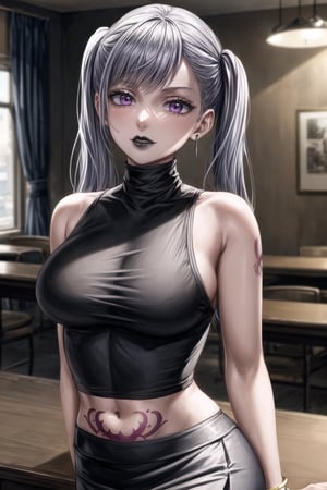 ((best quality)),  ((highly detailed)),  masterpiece,  ((official art)), (noelle_silva, silver hair,purple eyes, twintails, bangs, earrings, jewelry),RockOfSuccubus, (lips:1.2), (black lips:1.3), black nails, (( arms_at_sides:1.2, hand_on_own_hip, head_tilt)),  (pubic tattoo:1.3),  navel, midriff, sleeveless, bare shoulders, figure, turtleneck, ((black shirt)), (black pencil skirt), (office), lady office, , building, bracelet, parted lips, indoors, intricately detailed, hyperdetailed, blurry background, depth of field, best quality, masterpiece, intricate details, tonemapping, sharp focus, hyper detailed, trending on Artstation, 1 girl, high res, official art
