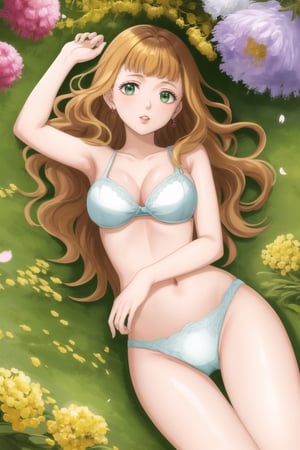 masterpiece, best quality, highres,Sexy, Mimosa Vermillion, dreamy green eyes, earrings, with astounding soft skin and soft pale body, body covered in mimosas flowers, (long brown wavy hair flowing around her until mid-thigs:1.05), sensual look, looking at you, lips, lying on a field of mimosas, fulll body, frontal view, strange fashion Women'sday_theme (Professional illustration)