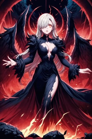 Elizabeth, white hair,hair_over_eye ,lips, ruler of hell, black wings,darkness wings,wings,demon wings,stands as a malevolent dictator, her long hair flowing like darkness itself, gradient from white to dark, framing her cold gaze. Her elaborate gown, adorned with sinister symbols and glowing red accents, reflects her dominance and cruelty. The background features a hellish landscape: rivers of lava, jagged rocks, tormented souls, and dark clouds with lightning. Eerie, red and black glows illuminate the scene, capturing the dark and oppressive atmosphere of her dominion.,shadow