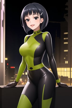 ((best quality)),  masterpiece, dynamic angle, (microchip), suguha, Bob cut, short hair, black hair, hair clip, black eyes, cyberpunk, paris, ruin,night ,(shegosuit) , smile, lips, scenery,  blurry background, 1 girl,  high res,  official art,empty eyes,b1mb0